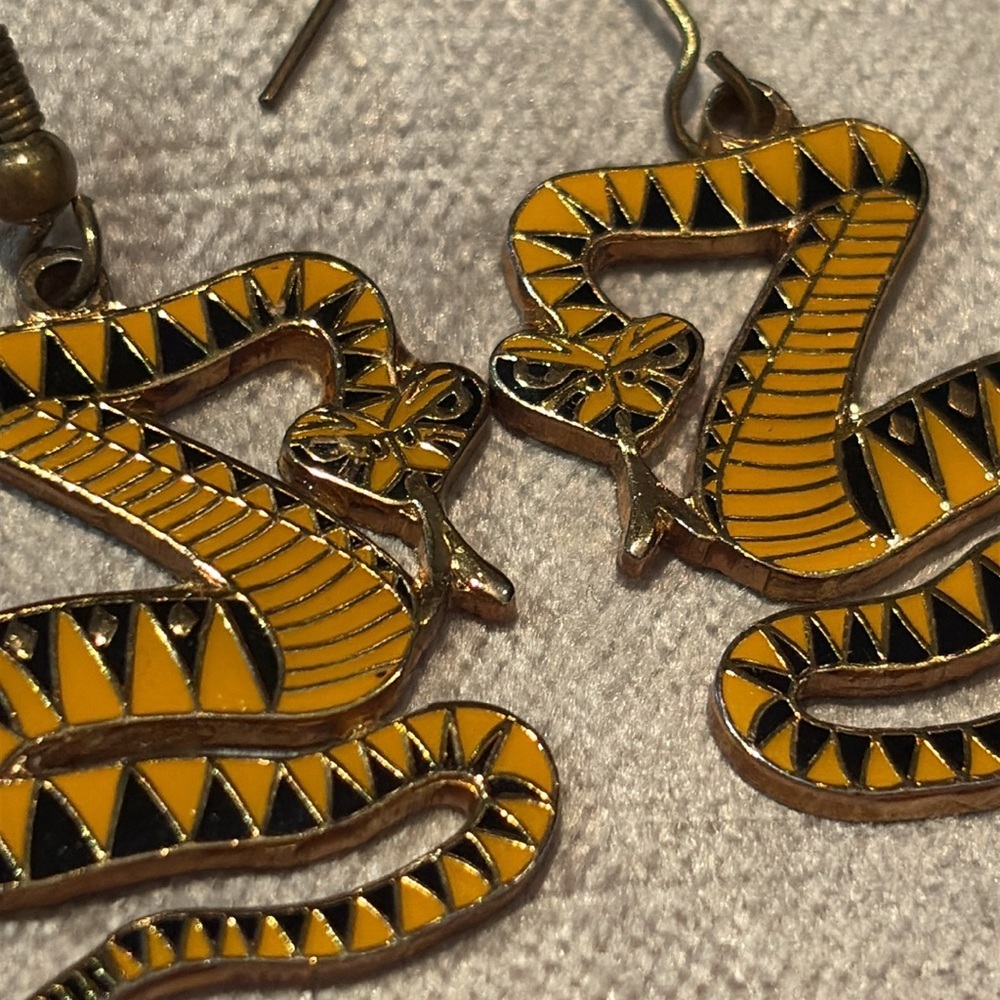 Cobra Snake Ceramic Earrings Gold Tone French Hooks